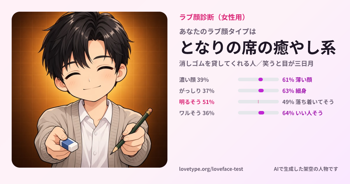 ラブ顔診断の結果カード（となりの席の癒やし系）