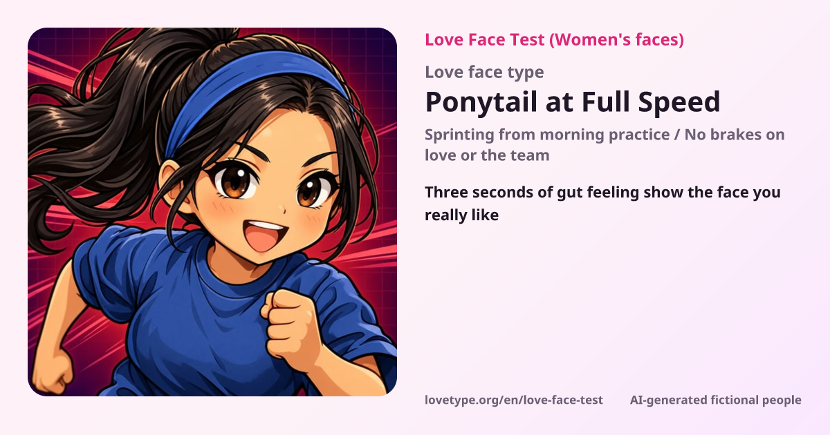 Love Face Test result card (Ponytail at Full Speed)